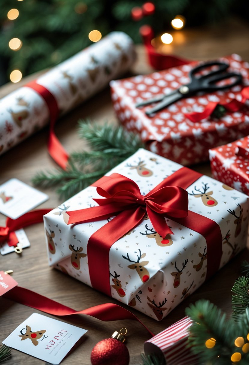 A wrapped Christmas gift decorated with reindeer-themed paper and a red ribbon, surrounded by wrapping supplies on a wooden table.