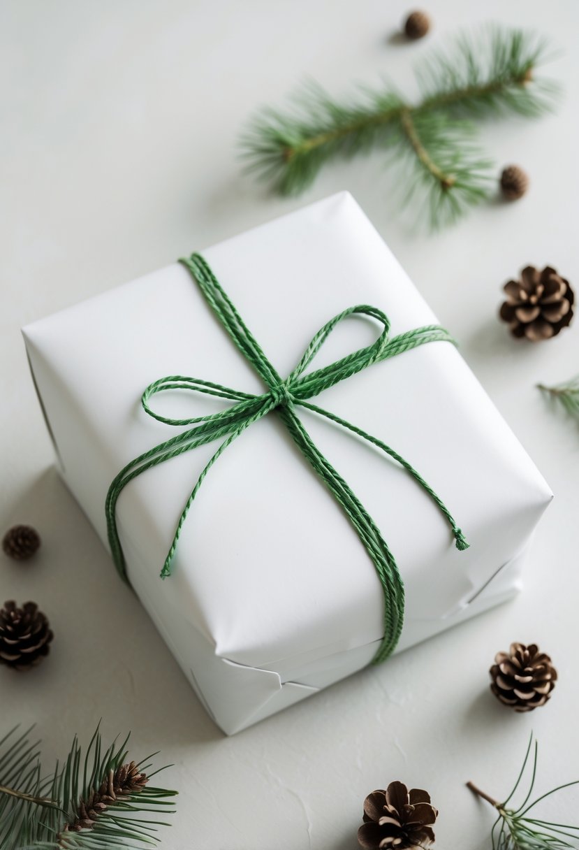 A white paper wrapped Christmas gift tied with green twine, surrounded by pine branches and pine cones on a light surface.