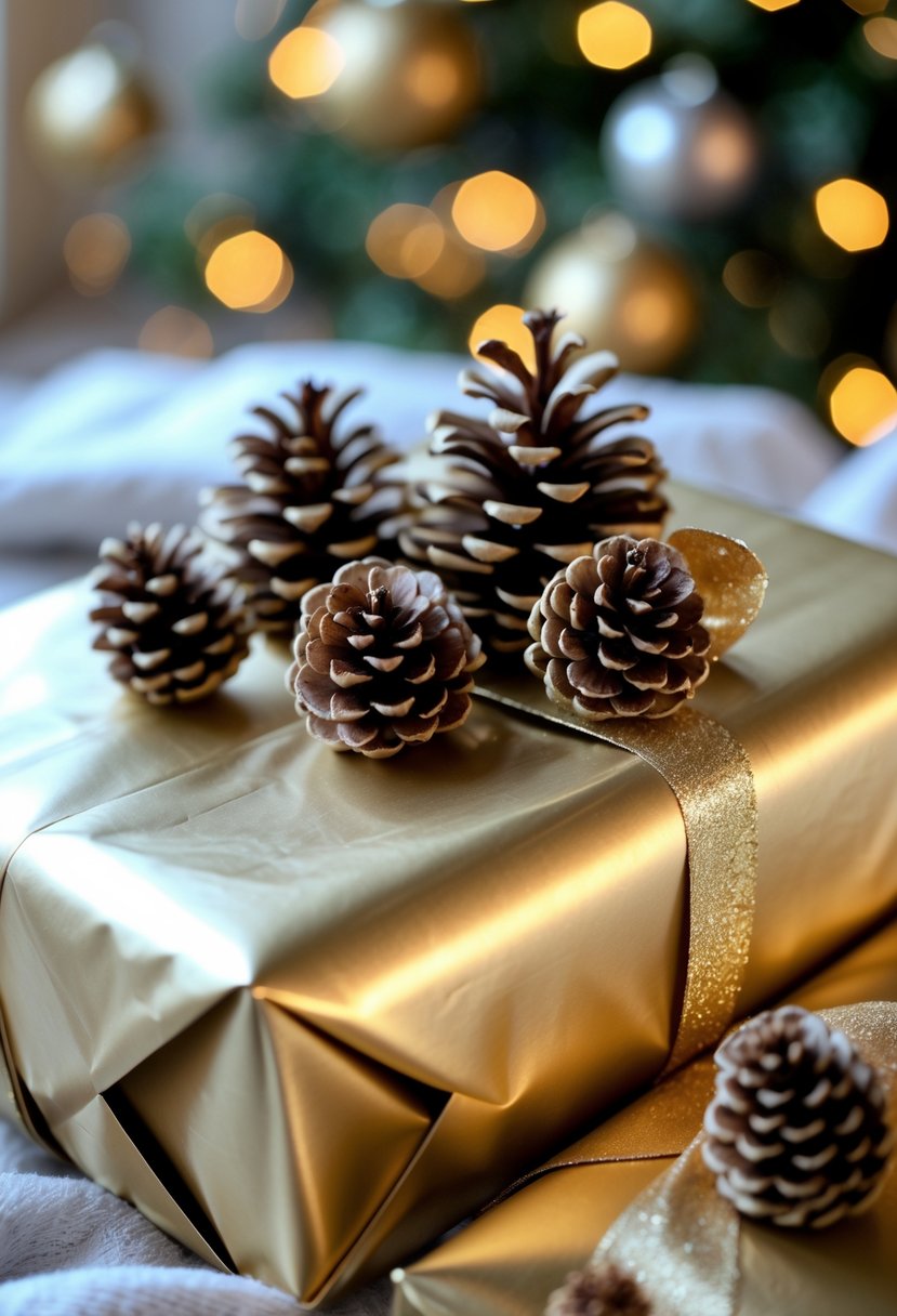 A gift wrapped in metallic gold paper with pinecones placed on top, set against a softly blurred background.