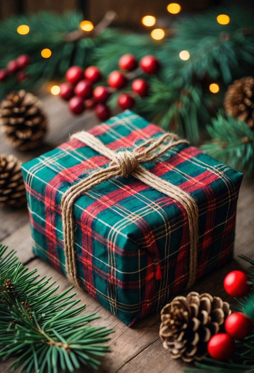 A Christmas gift wrapped in plaid fabric with a twine bow, surrounded by pine branches, pinecones, and red berries on a wooden surface.