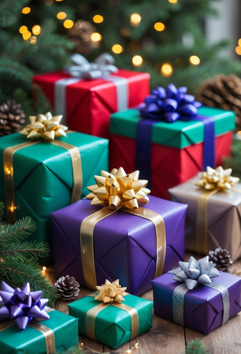 A collection of Christmas presents wrapped in colorful jewel tone paper with ribbons, arranged on a wooden table with holiday decorations.