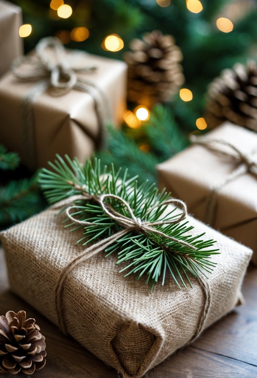 A gift wrapped in natural burlap and tied with twine, decorated with green pine needles on a wooden surface.