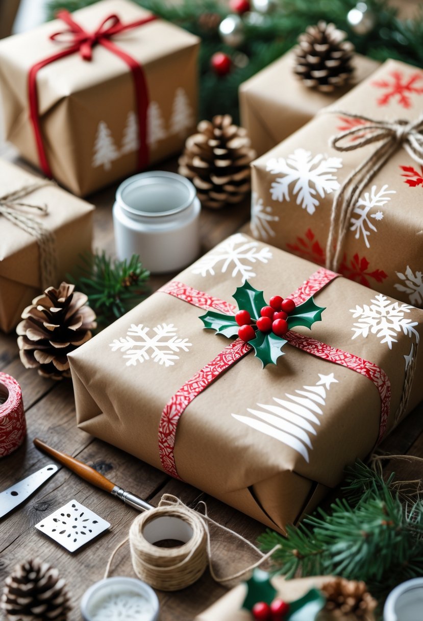 A table with Christmas gifts wrapped in brown kraft paper decorated with festive stencil patterns, surrounded by painting supplies and holiday greenery.