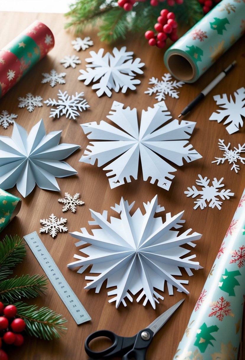 A table with cut-out paper snowflakes, crafting tools, and Christmas wrapping paper arranged for a holiday DIY project.