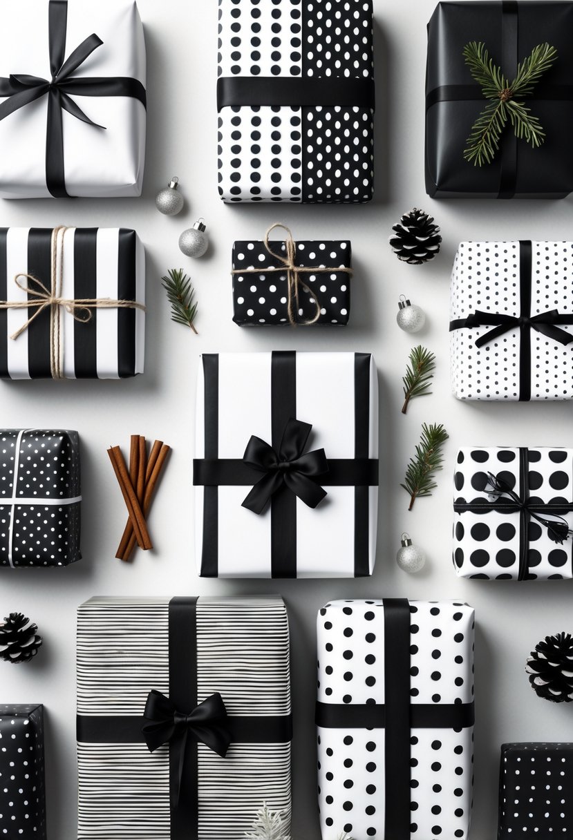 A collection of Christmas presents wrapped in black and white patterned paper with ribbons and natural decorations arranged on a neutral surface.