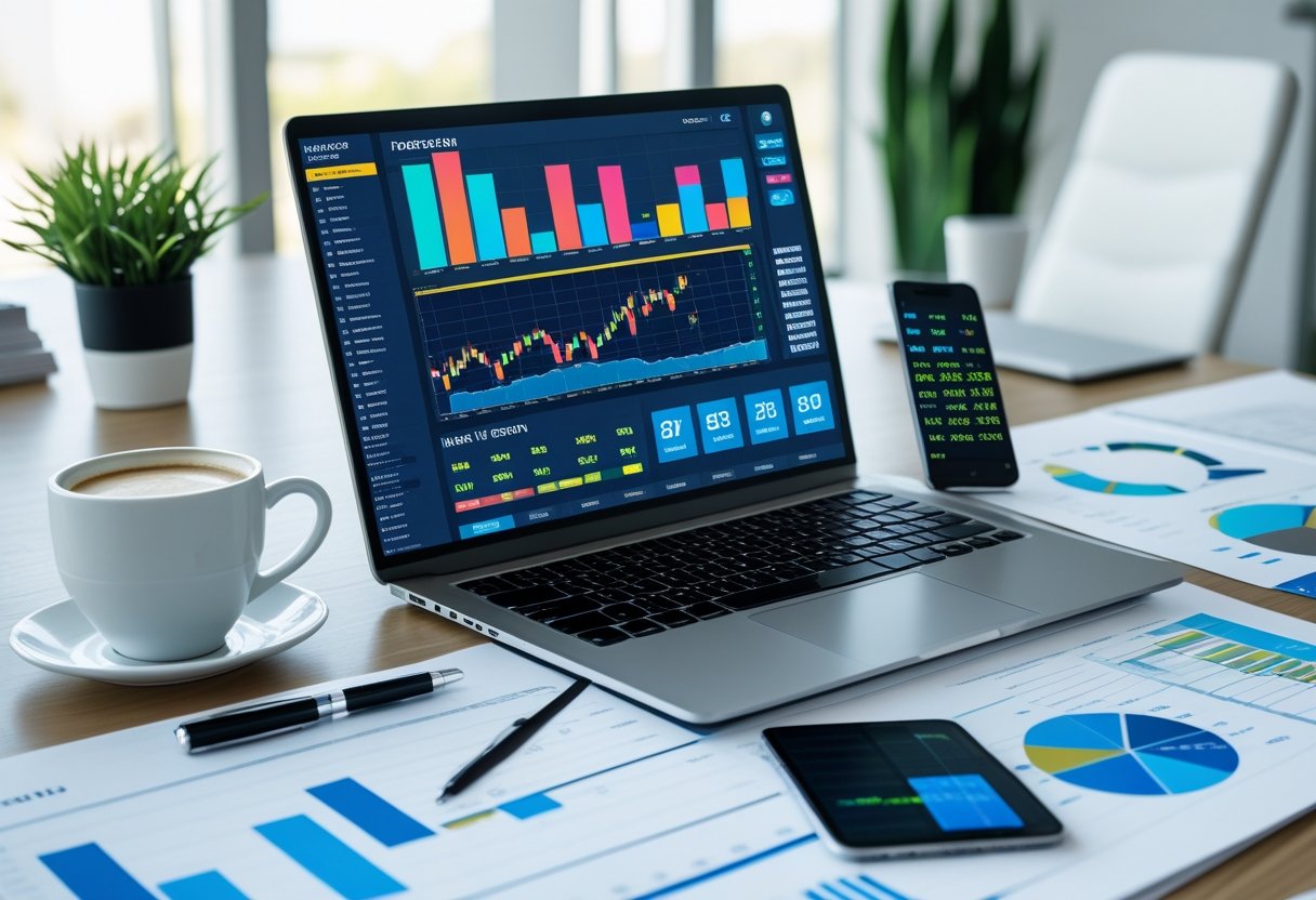 A modern office desk with a laptop showing financial charts, a smartphone with data, and documents with graphs, symbolizing investment planning.