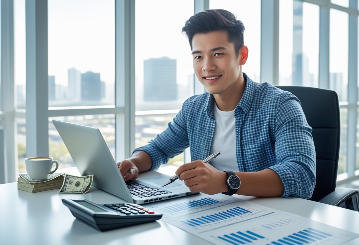 A person sitting at a desk reviewing financial documents and charts on a laptop with a calculator and cash nearby in a bright office.