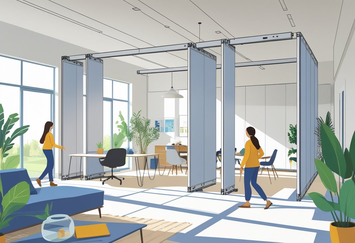 A modern home or office interior with people adjusting movable walls to create flexible room layouts, showing a bright and organised space with furniture and plants.