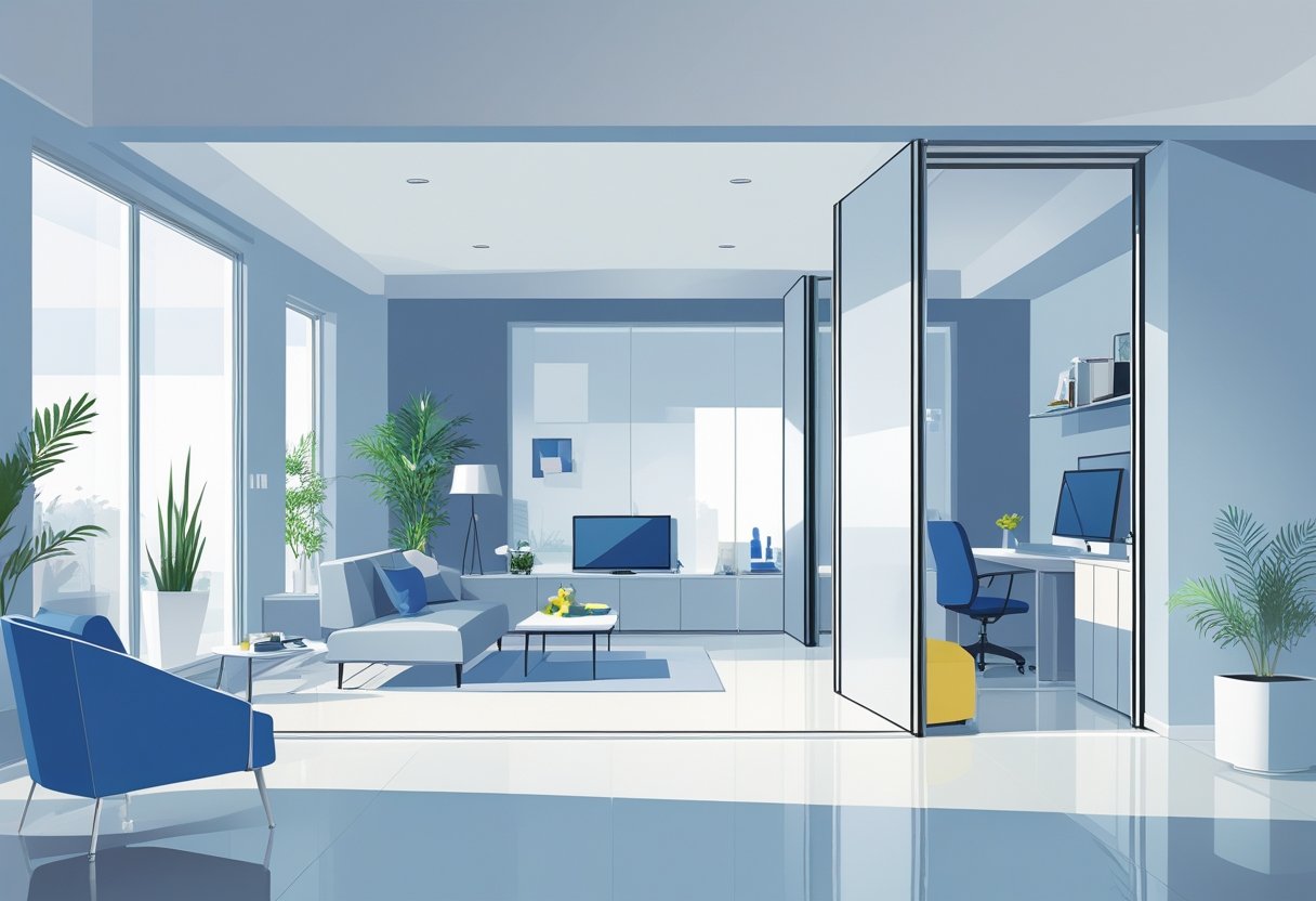 A modern home and office interior with movable walls partially open, showing flexible use of space between a living room and a workspace.