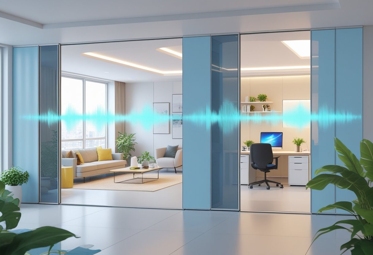 A modern home and office interior separated by movable walls, showing a living area on one side and a workspace on the other, with sound waves being blocked by the walls.