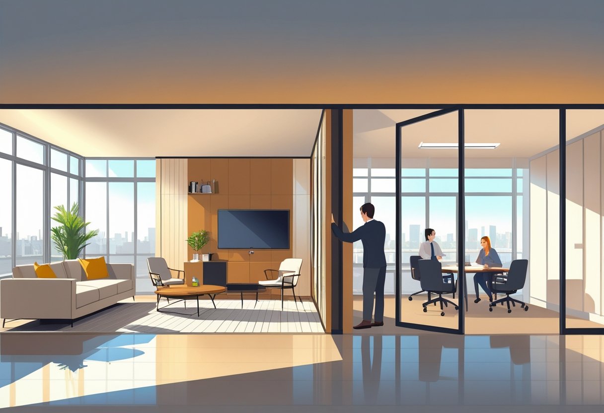 A modern home and office showing movable walls being adjusted to create flexible living and working spaces.