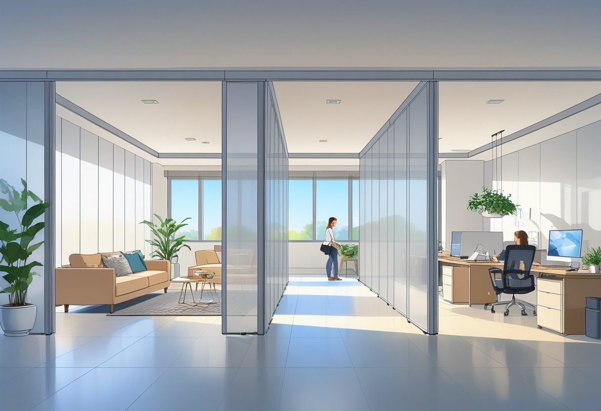 A modern interior showing a living area and office space separated by movable walls that can be repositioned to create flexible room layouts.