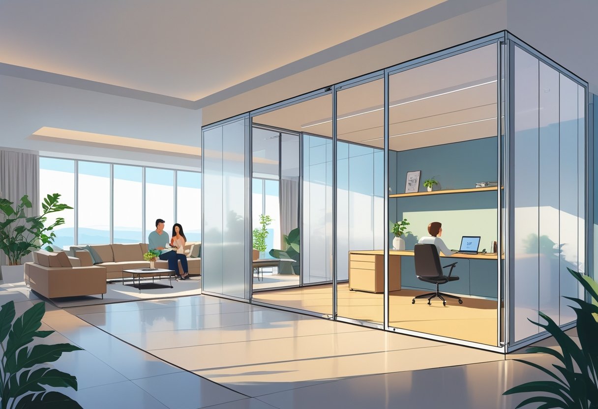 A modern home and office interior with movable walls separating the living room and workspace, showing people using both areas comfortably.