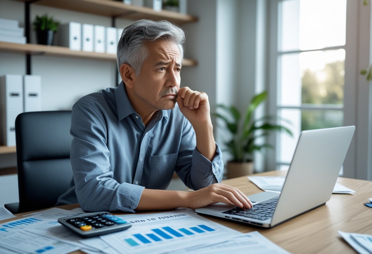 A person sitting at a desk surrounded by financial papers and a laptop, looking concerned and thoughtful.