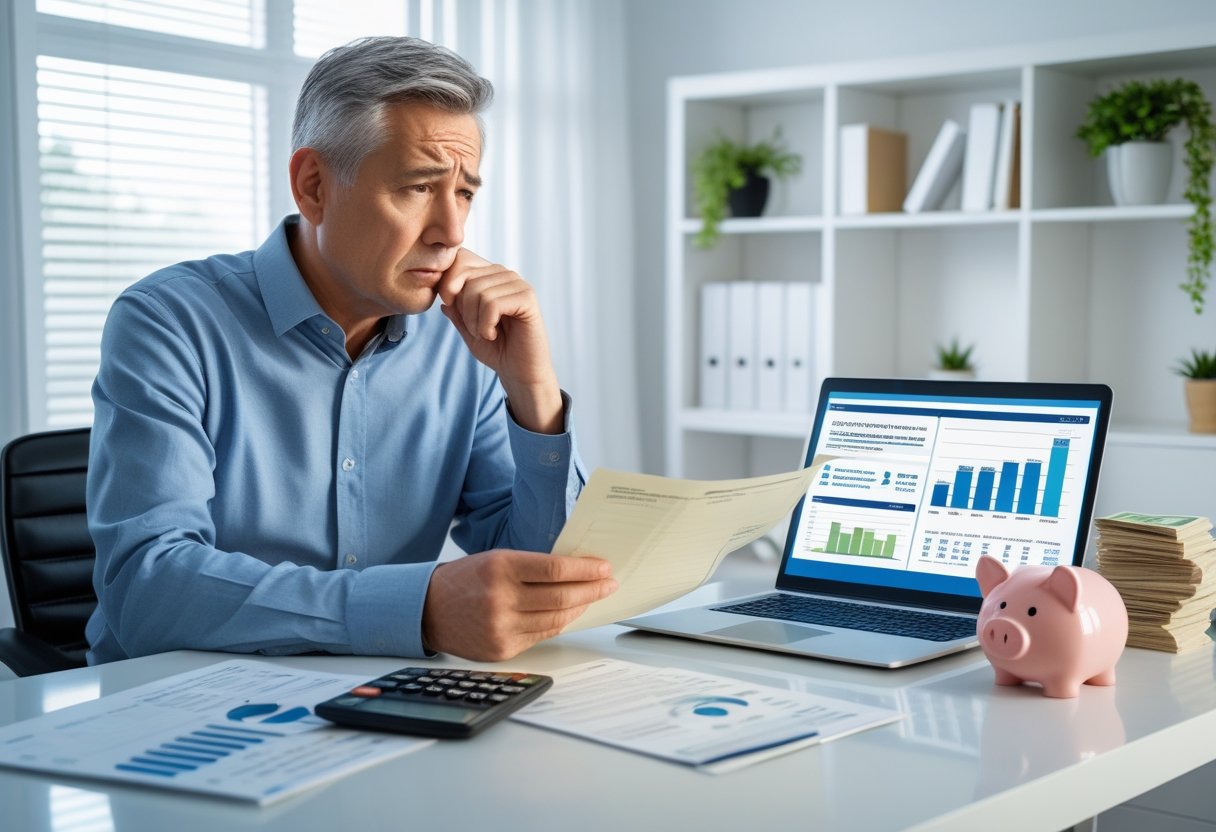 A middle-aged person sitting at a desk reviewing financial documents and a laptop with charts, looking concerned about retirement savings.