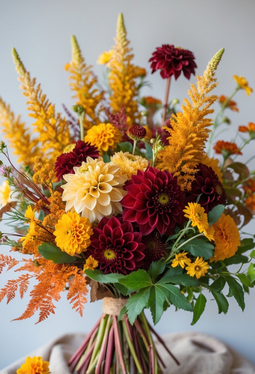 A bouquet of autumn wildflowers including goldenrod and deep red dahlias arranged together with green leaves.
