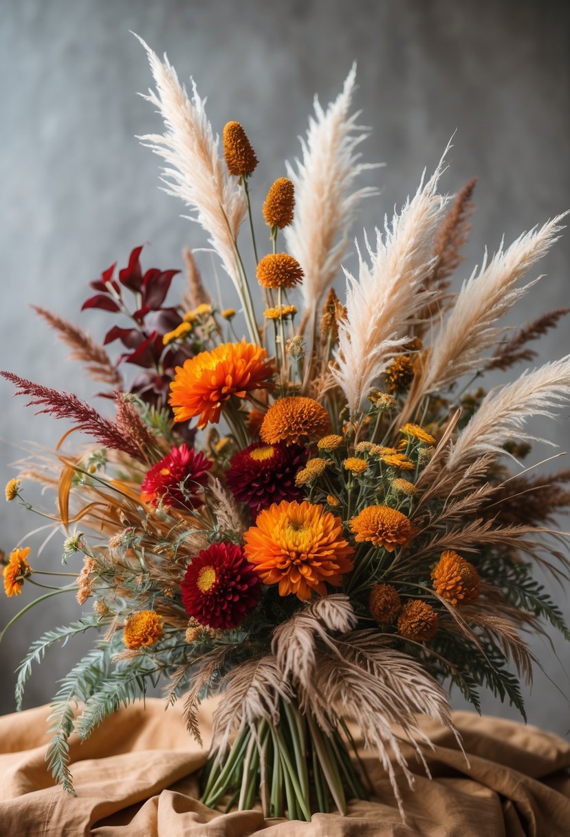 A fall wildflower bouquet with amaranthus and pampas grass in warm autumn colors against a neutral background.