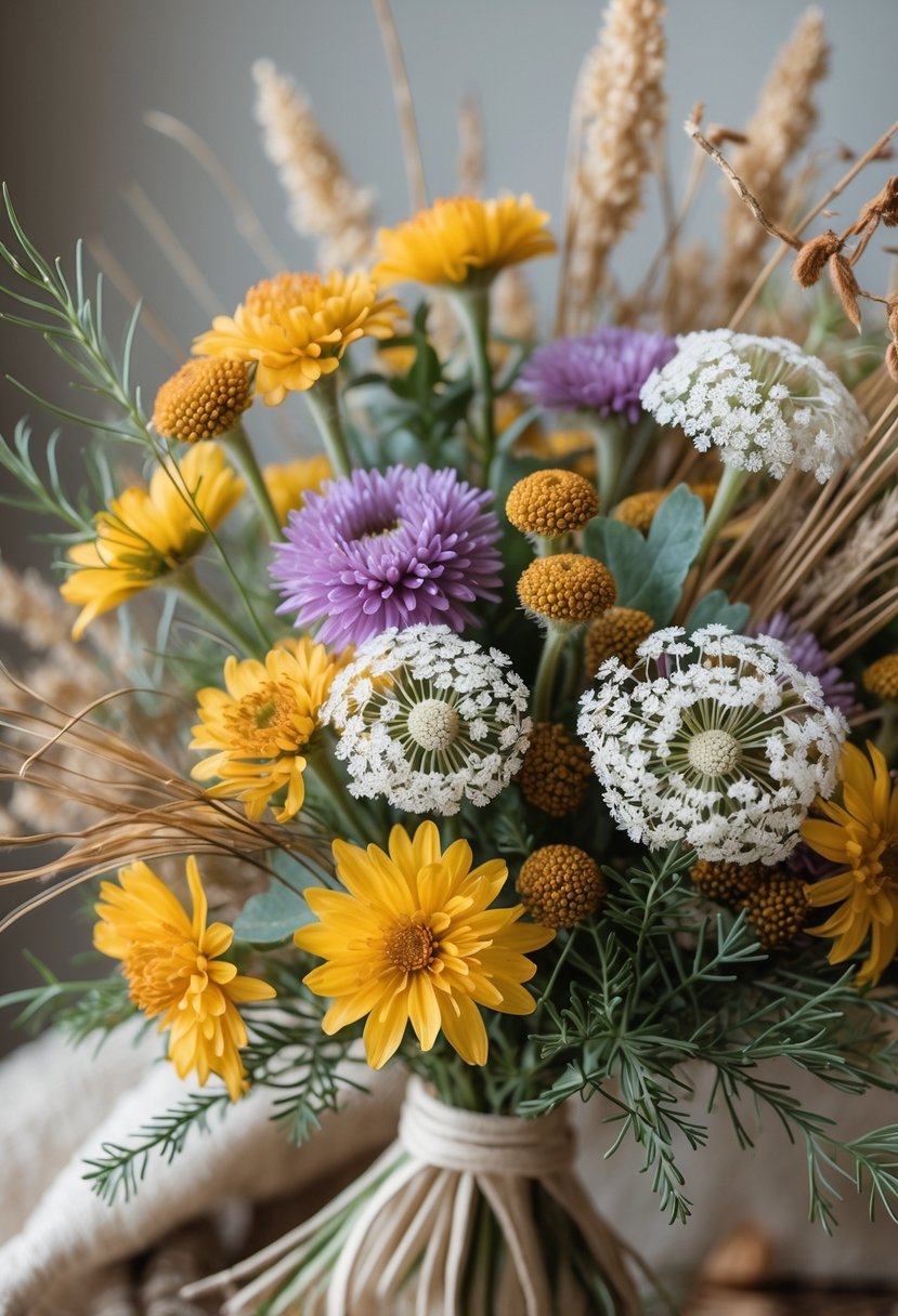 A bouquet of yellow Yarrow, purple Aster, and white Queen Anne’s Lace flowers with greenery and dried grasses on a neutral background.