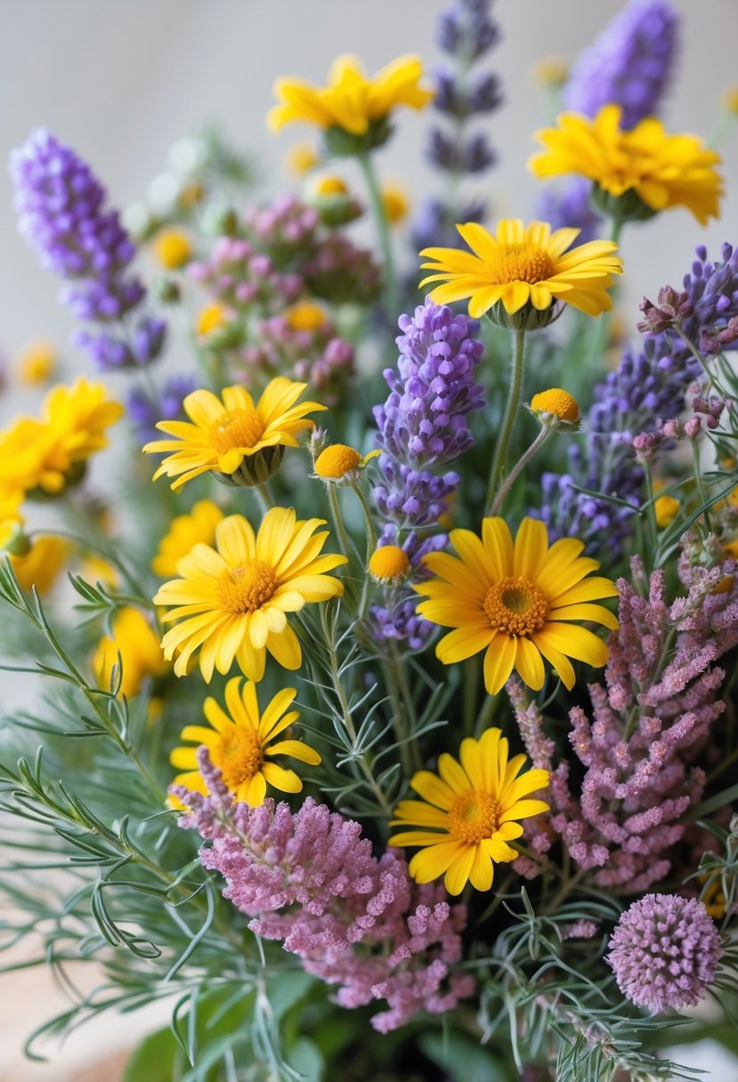 A bouquet of chamomile, lavender, and heather wildflowers with yellow, purple, and pink blossoms against a soft neutral background.