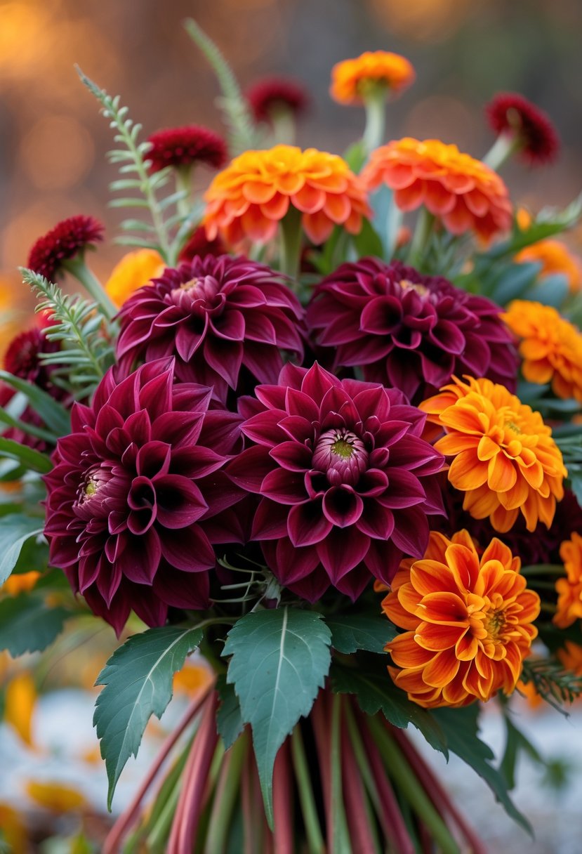 A bouquet of deep red dahlias and bright orange marigolds with green leaves against a softly blurred warm background.