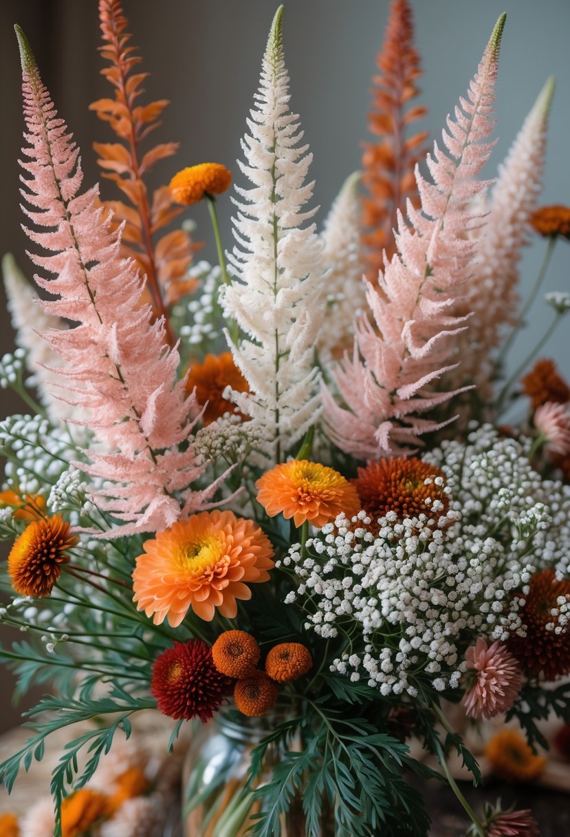 A fall wildflower bouquet with pink and white Astilbe and white Baby’s Breath flowers arranged with other autumn-colored wildflowers.