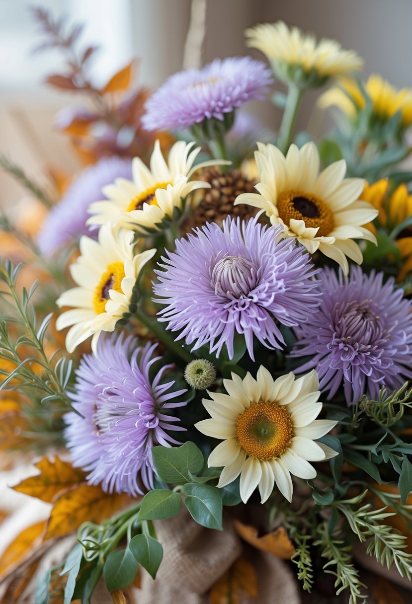 A bouquet of purple asters and pale yellow sunflowers with green leaves.