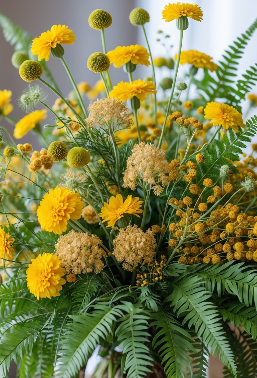 A cascading bouquet of yellow yarrow, goldenrod, and green ferns arranged together.