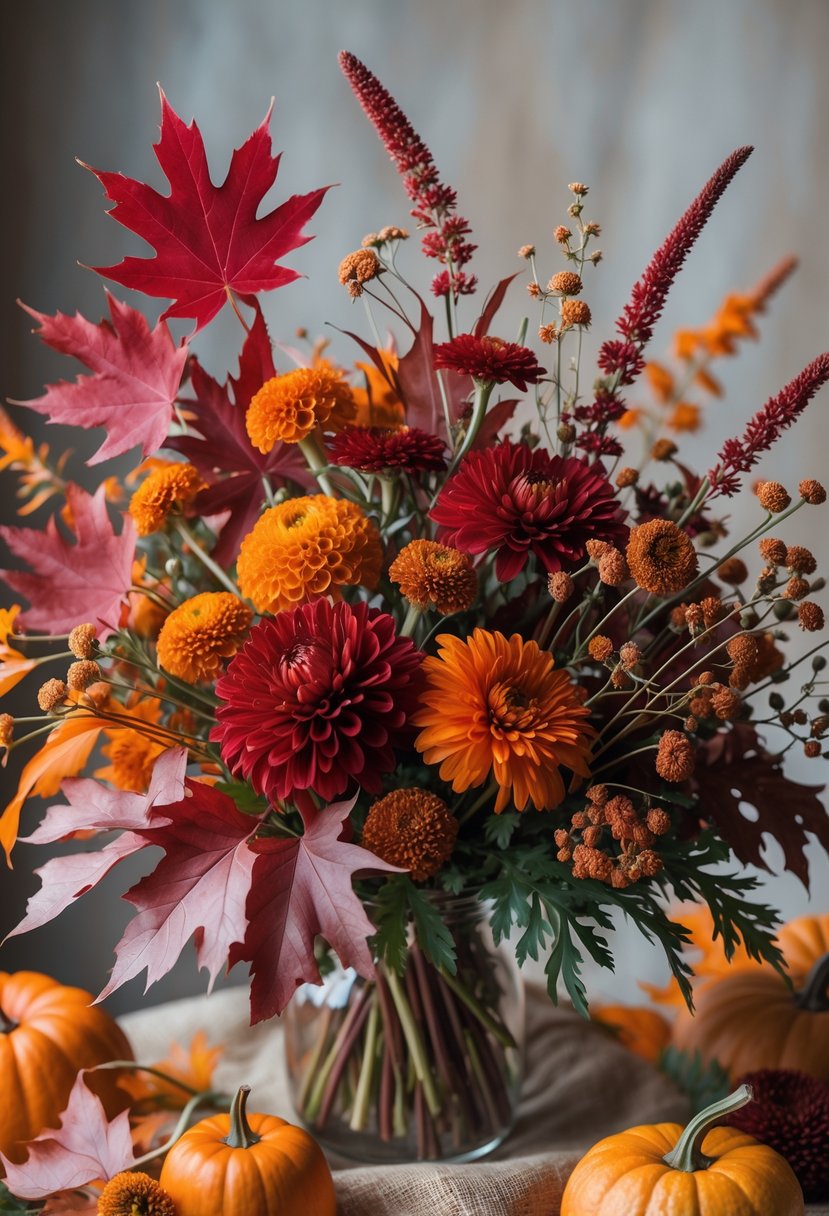 A fall wildflower bouquet with deep red and orange flowers and seasonal leaves arranged together.
