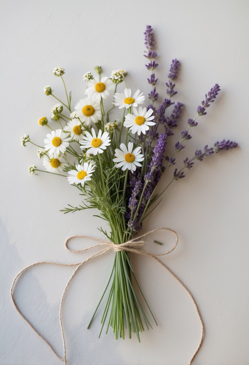 A small bouquet of chamomile and lavender wildflowers tied with twine against a neutral background.