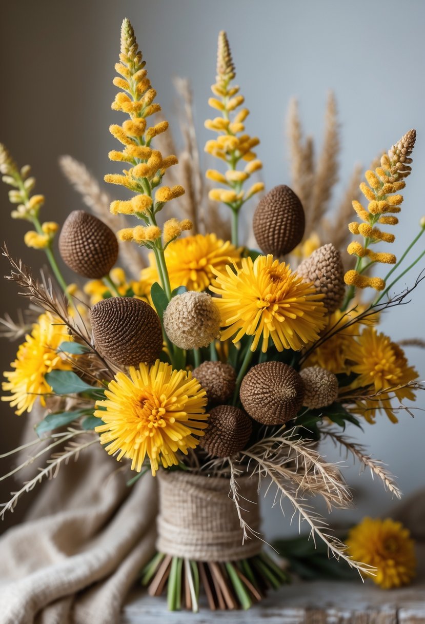 A bouquet of wild goldenrod flowers and rustic seed pods arranged together with warm autumn colors.