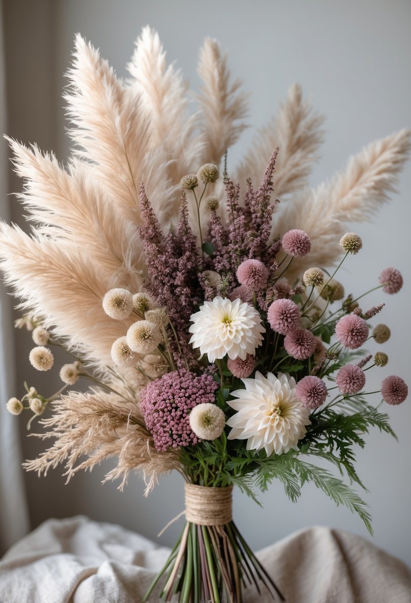 A close-up of a fall wildflower bouquet featuring pampas grass, heather, and dahlias against a neutral background.