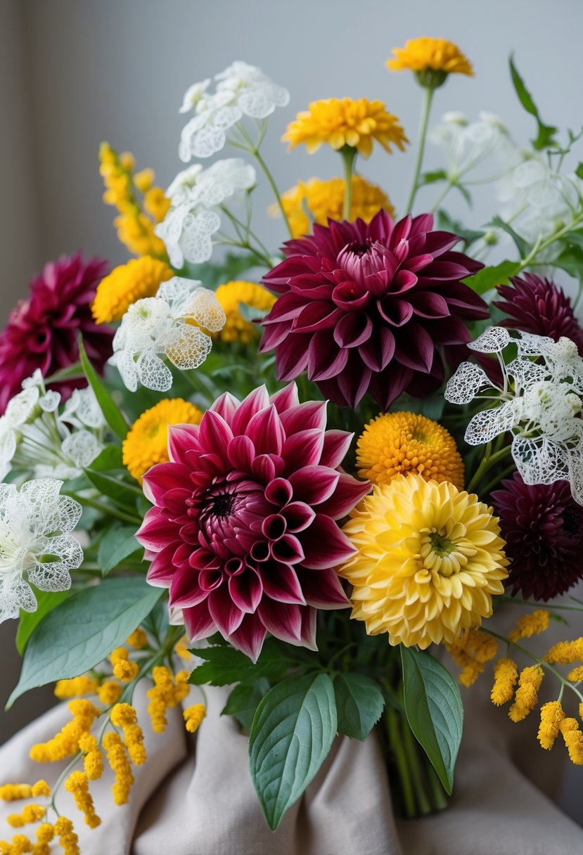 A bouquet of burgundy dahlias, white Queen Anne’s Lace, and yellow yarrow flowers arranged together.