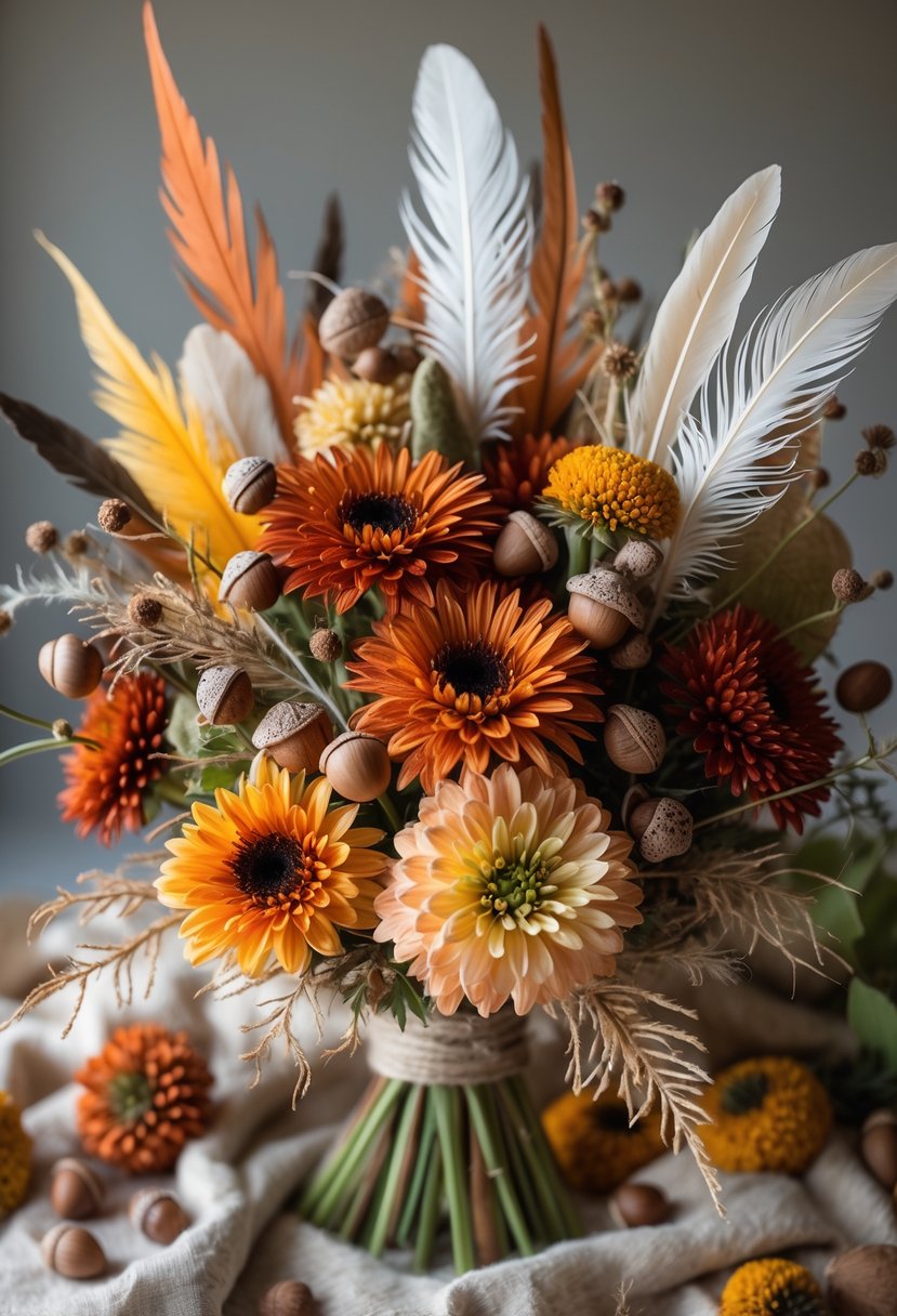 A fall bouquet with wild mums, acorns, and feathers arranged together on a neutral background.