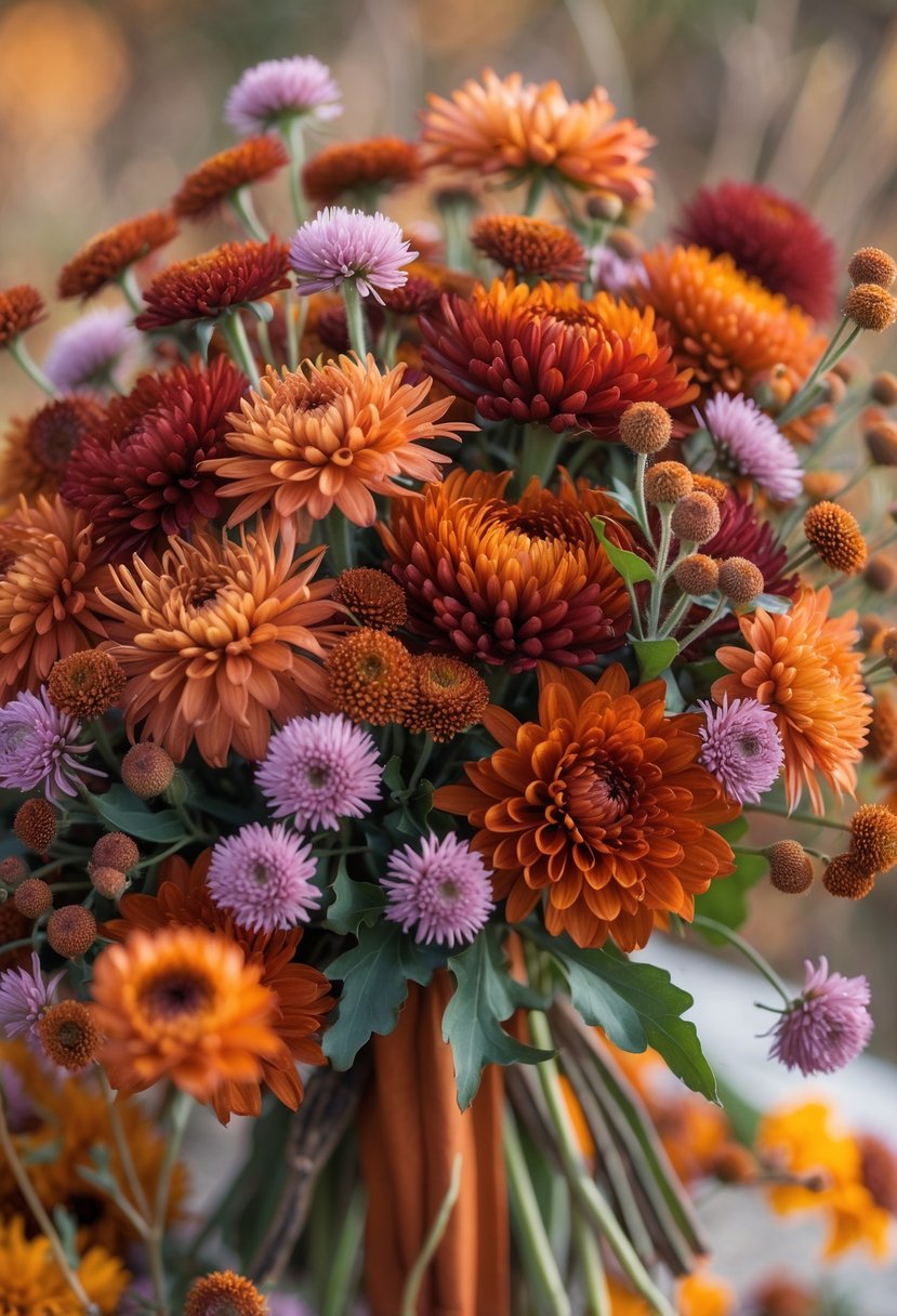 A bouquet of rust-colored chrysanthemums and purple wild asters arranged with autumn leaves.
