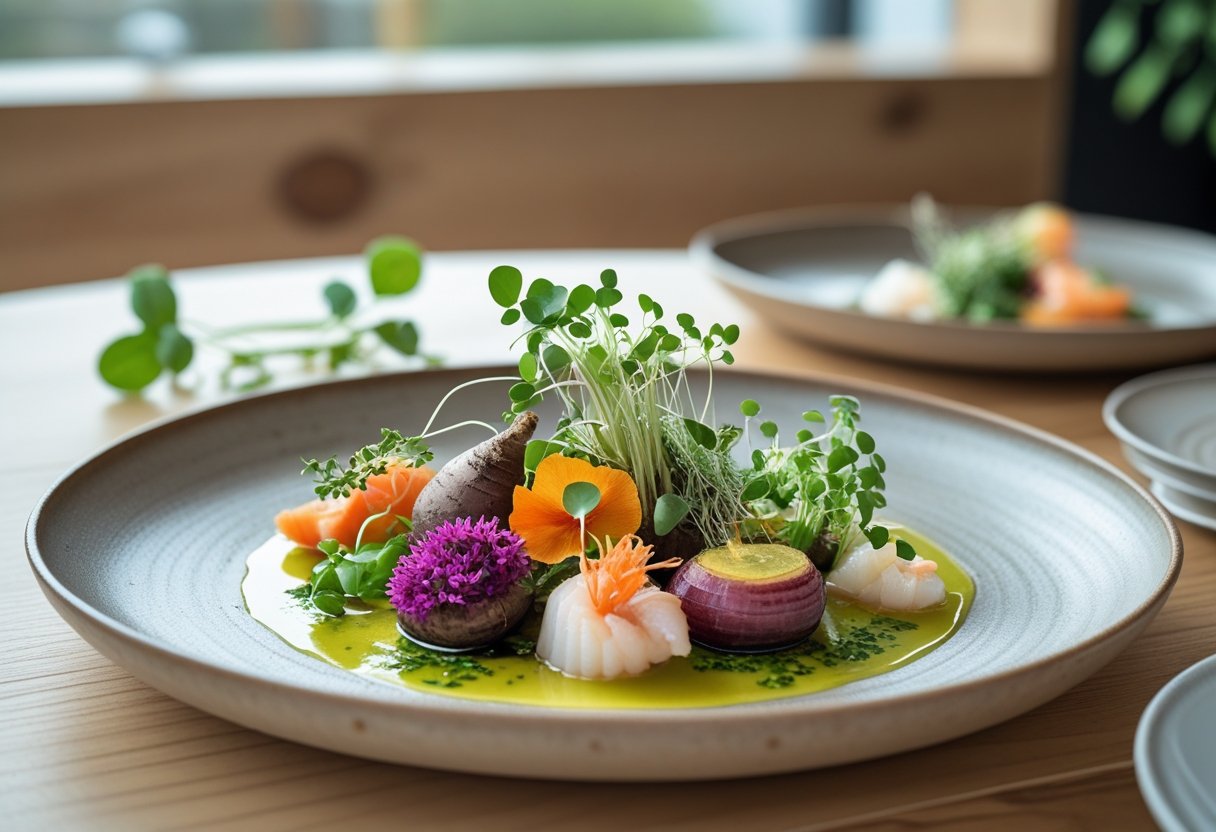 A plated dish of fresh vegetables and seafood arranged on a rustic ceramic plate in a bright, modern dining setting.