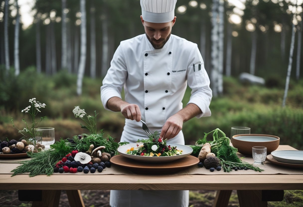 A chef plating a dish outdoors on a wooden table with fresh Nordic ingredients surrounded by a green forest landscape.