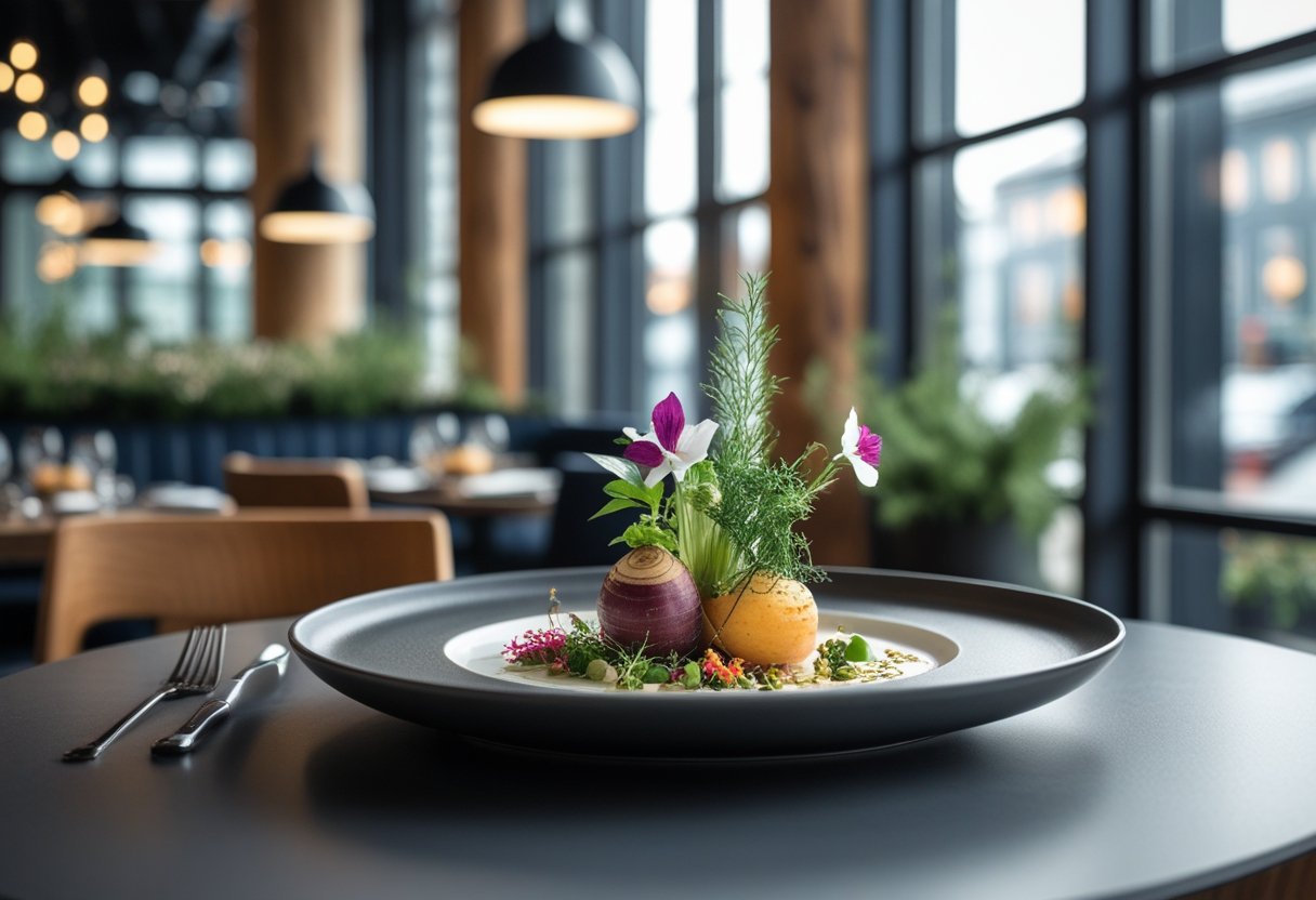 A beautifully plated Nordic dish on a wooden table inside a bright, modern restaurant with large windows and Scandinavian furniture.