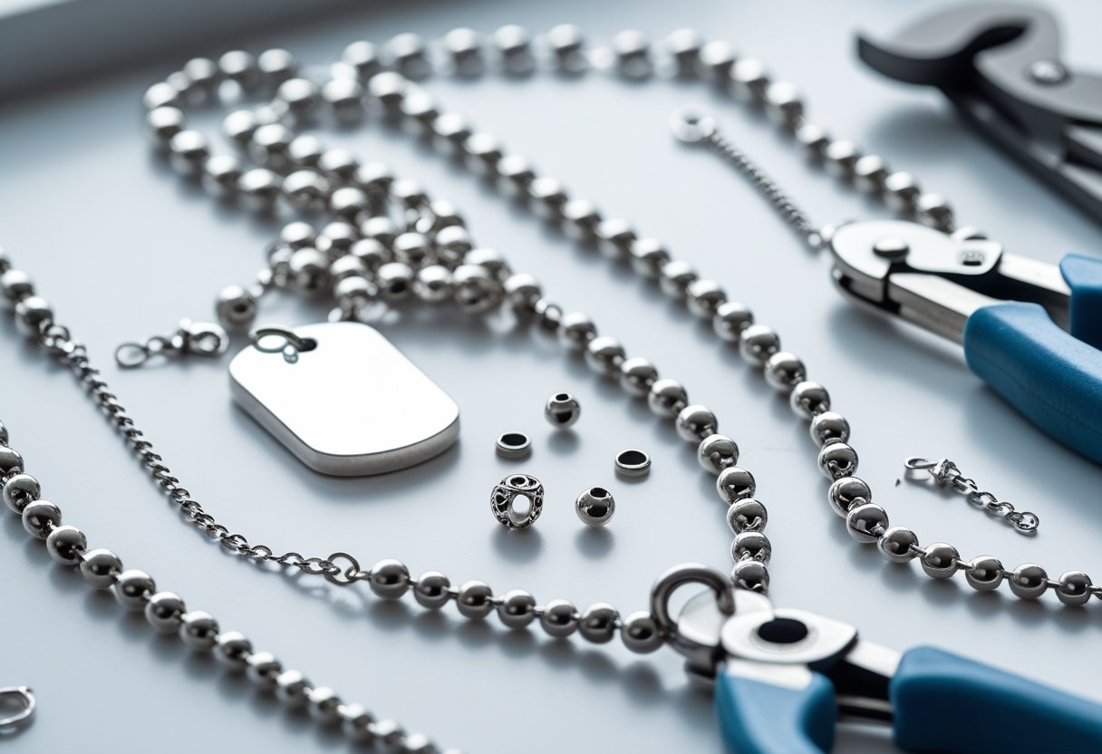 Close-up of ball chain, dog tag necklace, ball chain connectors, and jewelry making tools on a white surface.
