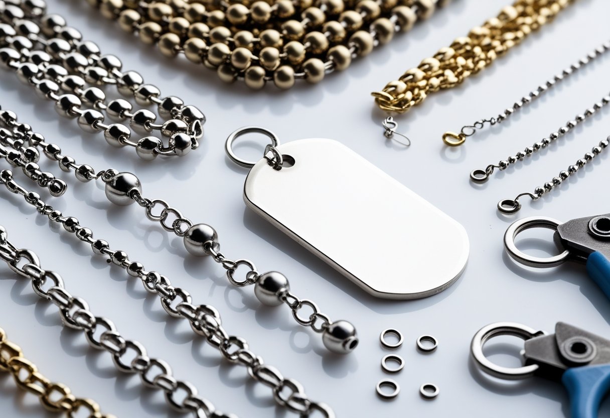 Various ball chains, connectors, and jewelry making tools arranged with a partially assembled dog tag necklace on a white surface.