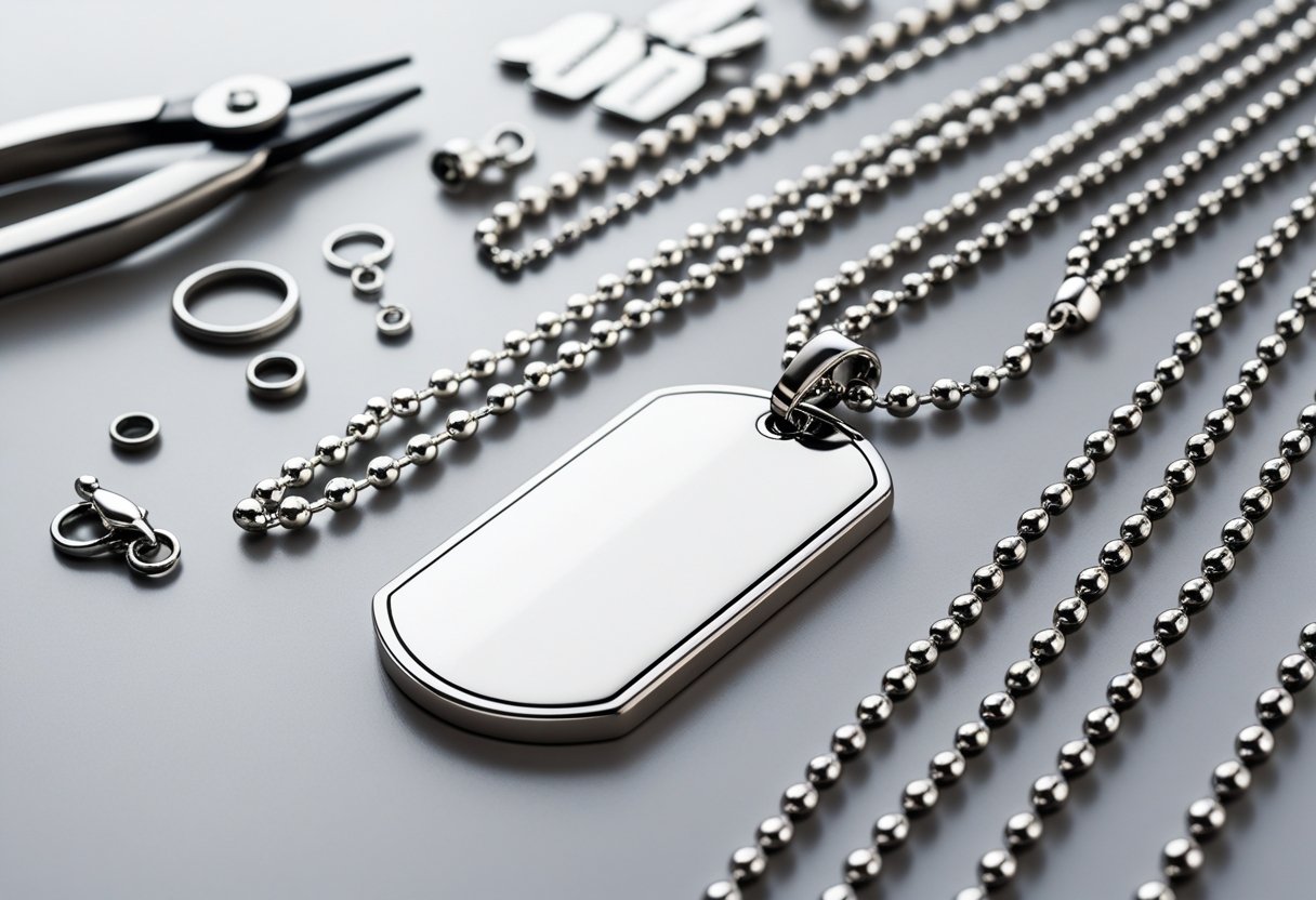 Close-up of a dog tag pendant with ball chain necklaces and jewelry making tools on a neutral surface.