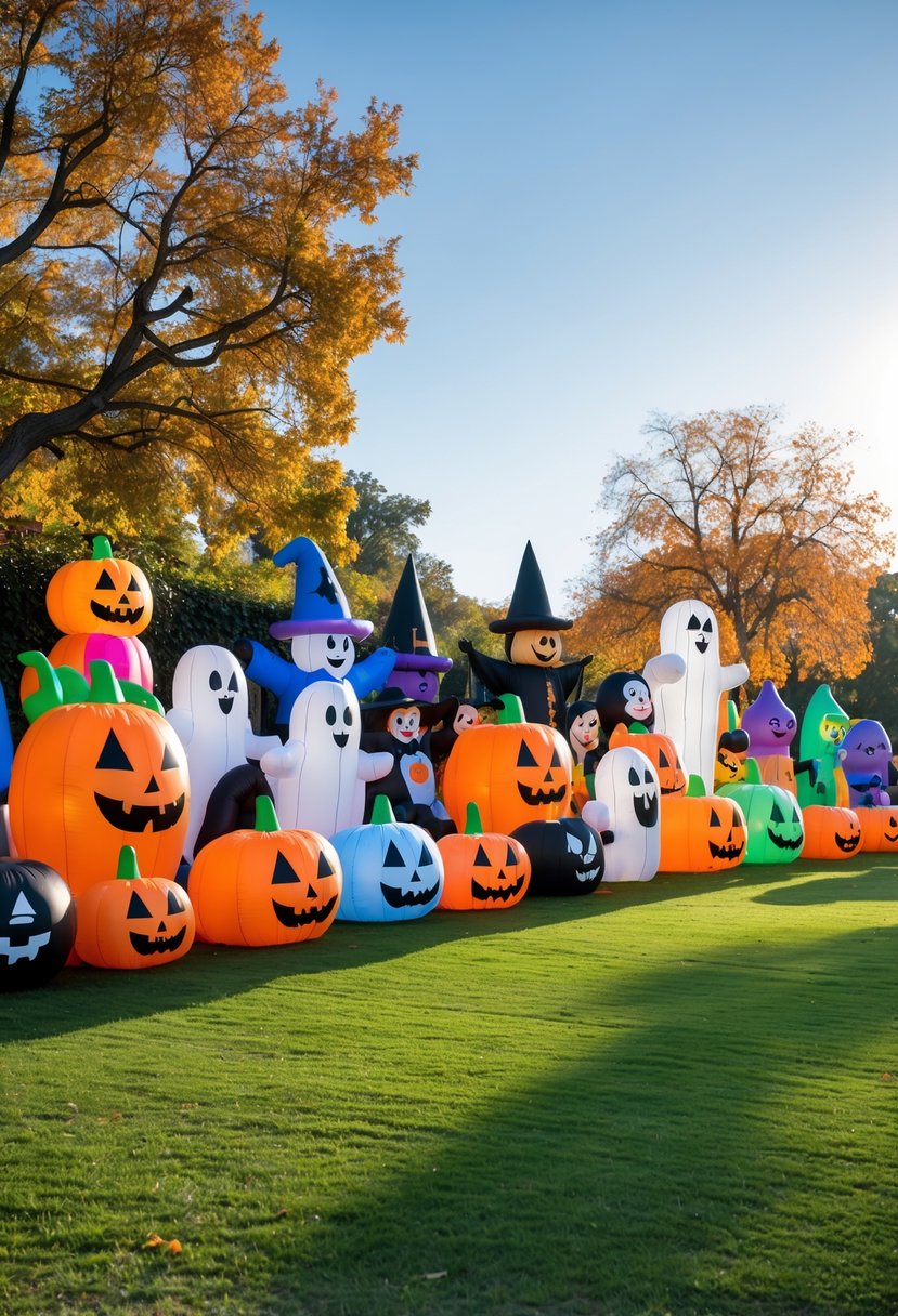 32 Halloween Inflatables for 2025: Top Picks for Spooky Yard Decor 2 A large outdoor display of 32 colorful Halloween inflatables on a grassy lawn with autumn trees in the background.