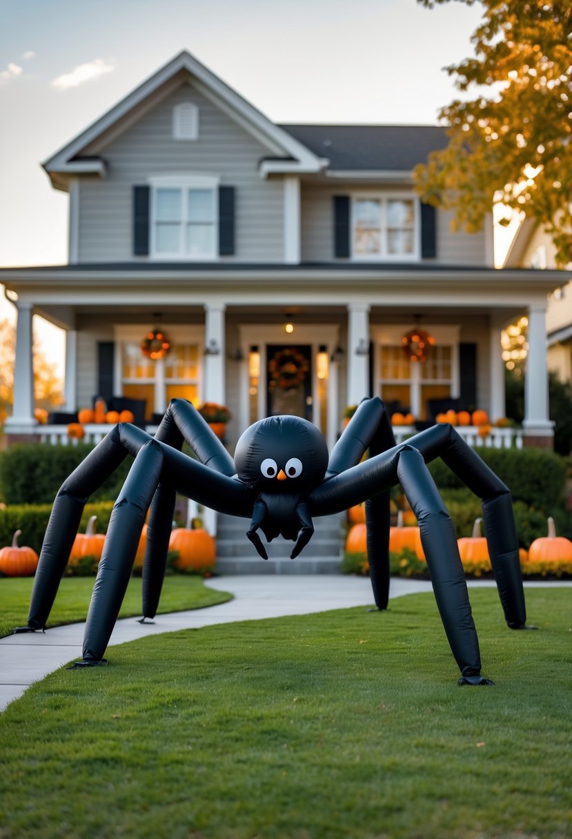 32 Halloween Inflatables for 2025: Top Picks for Spooky Yard Decor 5 Large inflatable spider decoration on a green lawn in front of a suburban house with pumpkins and autumn decorations during late afternoon.
