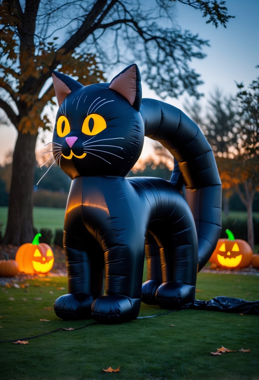 32 Halloween Inflatables for 2025: Top Picks for Spooky Yard Decor 6 A large black cat inflatable arch glowing with yellow eyes outdoors on a lawn with pumpkins and autumn leaves in the background.
