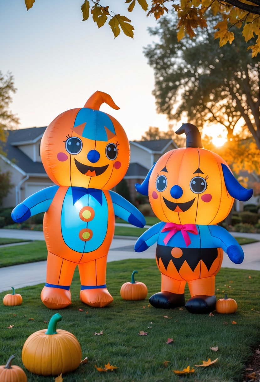 32 Halloween Inflatables for 2025: Top Picks for Spooky Yard Decor 7 Two colorful Halloween inflatable decorations of Bluey and Bingo standing on a green lawn with pumpkins and autumn leaves around them.