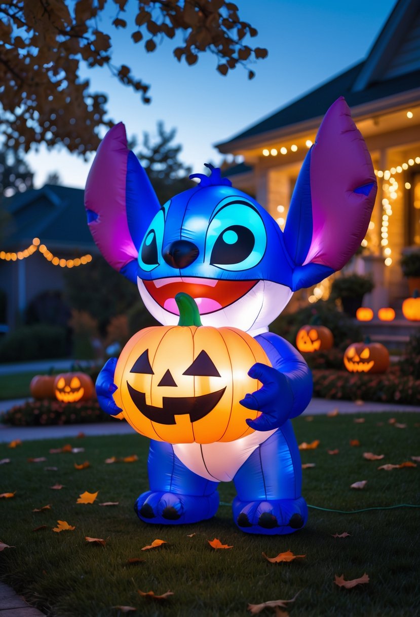 32 Halloween Inflatables for 2025: Top Picks for Spooky Yard Decor 8 A large Halloween inflatable of a stitch character holding a glowing Jack O'Lantern in a front yard decorated for Halloween at dusk.