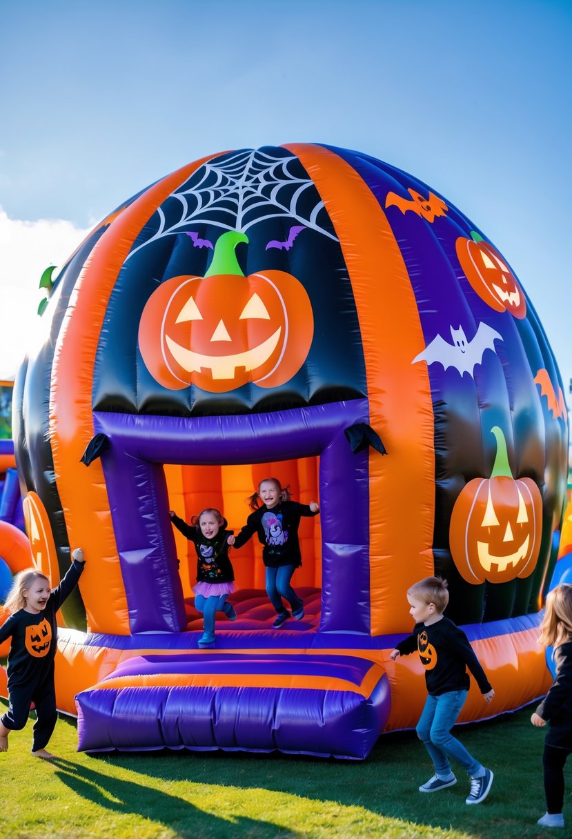 32 Halloween Inflatables for 2025: Top Picks for Spooky Yard Decor 11 Children playing on a large Halloween-themed inflatable bounce house outdoors on a sunny day.