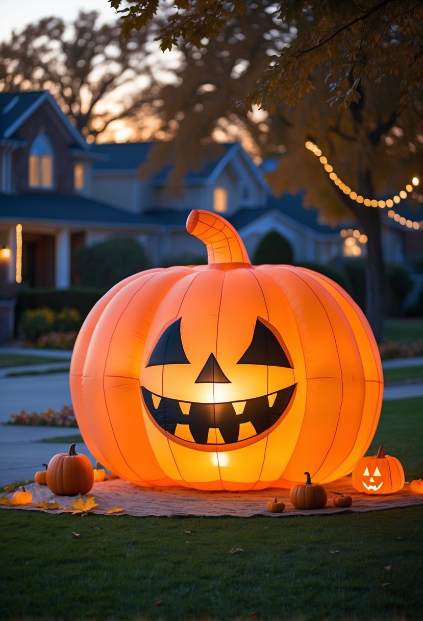 32 Halloween Inflatables for 2025: Top Picks for Spooky Yard Decor 12 A large inflatable pumpkin with glowing lights displayed outdoors on a lawn with fall decorations during early evening.