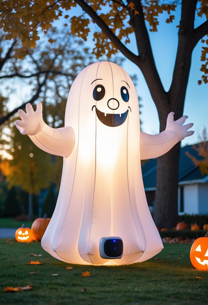 32 Halloween Inflatables for 2025: Top Picks for Spooky Yard Decor 15 An inflatable ghost decoration standing on a lawn with pumpkins and autumn leaves around it during the daytime.
