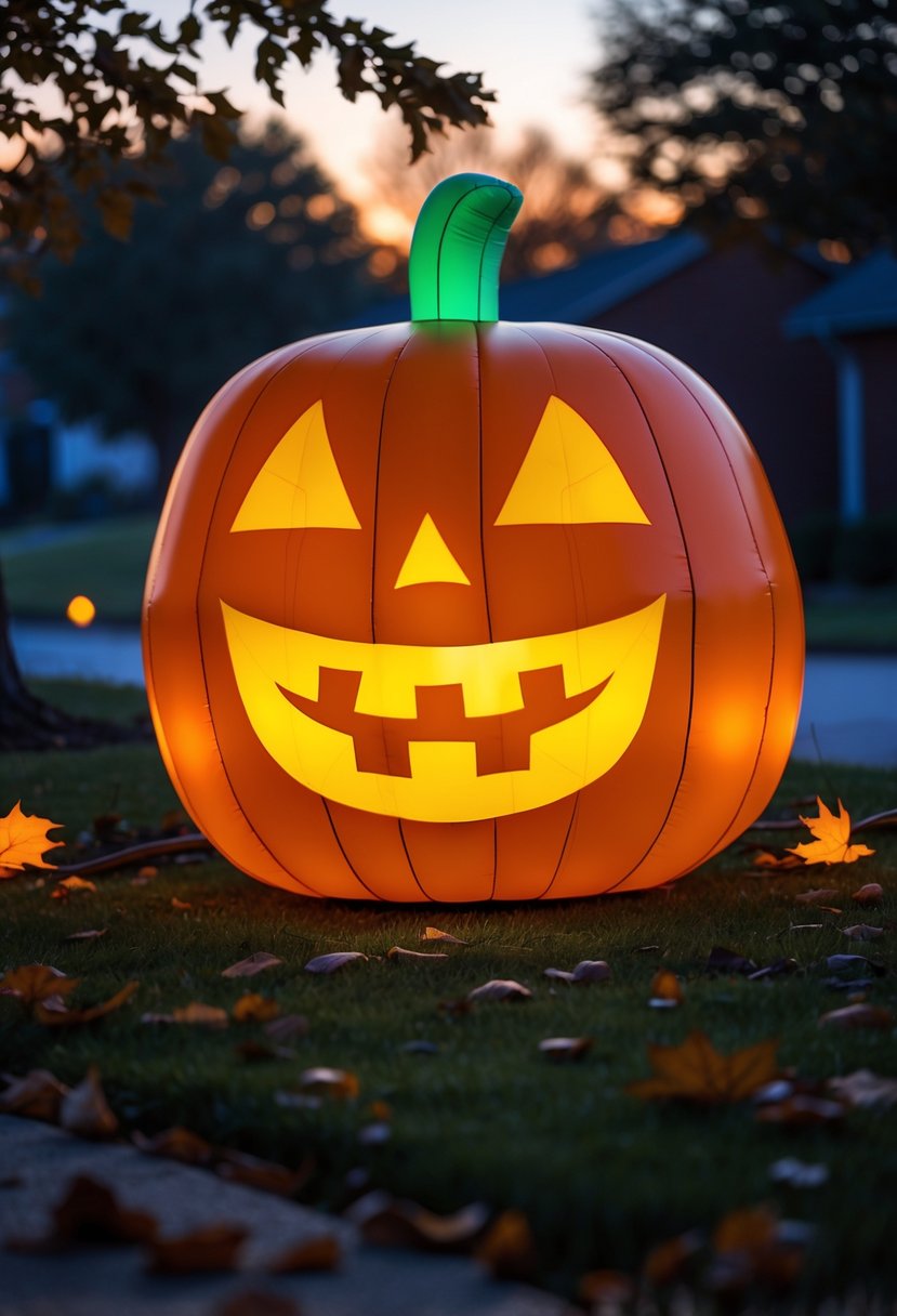 32 Halloween Inflatables for 2025: Top Picks for Spooky Yard Decor 17 A large glowing inflatable Jack O’Lantern with a smiling face outdoors at twilight surrounded by autumn leaves.