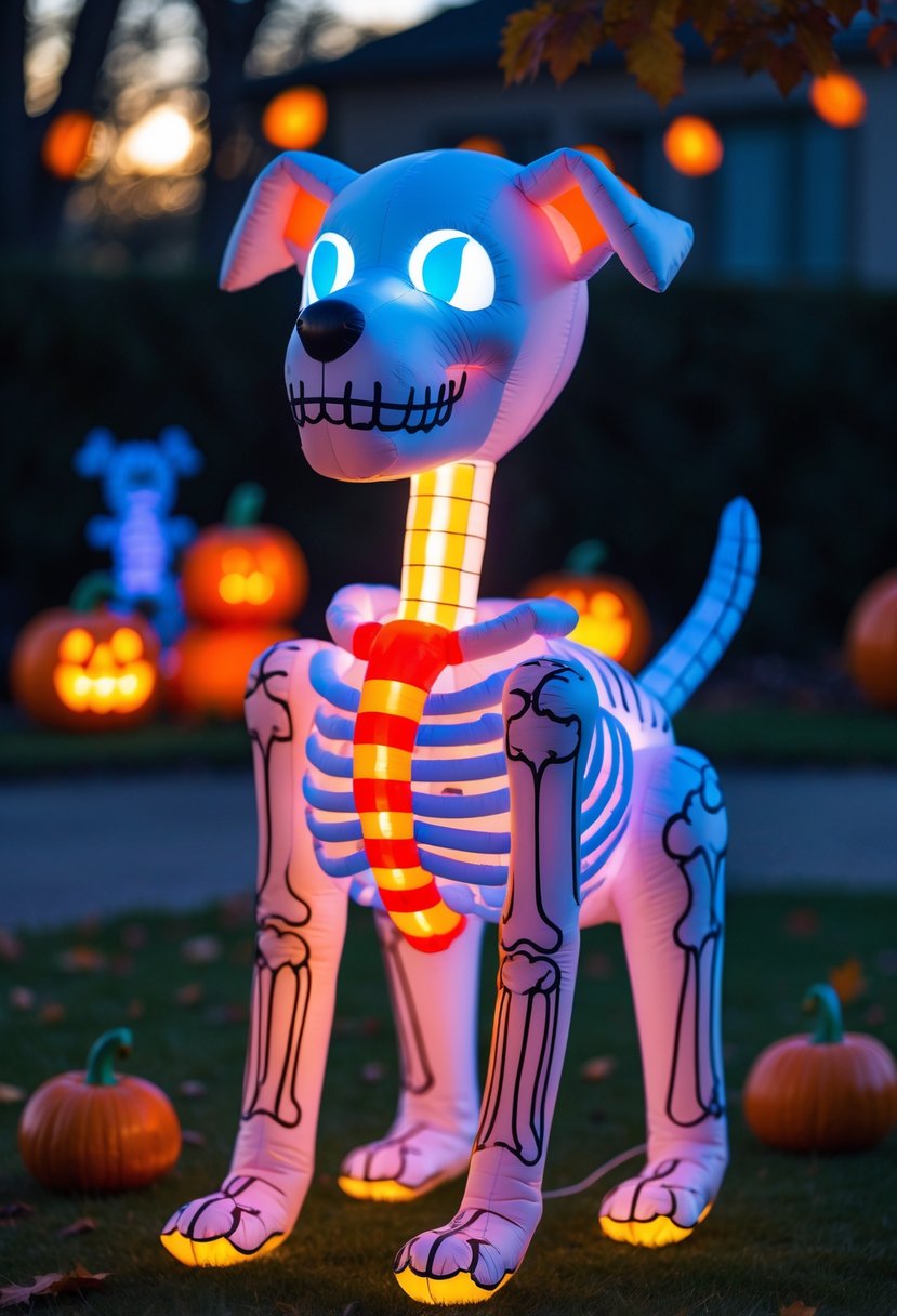 32 Halloween Inflatables for 2025: Top Picks for Spooky Yard Decor 18 An illuminated inflatable skeleton dog glowing outdoors on a grassy lawn with pumpkins and autumn leaves around it during dusk.